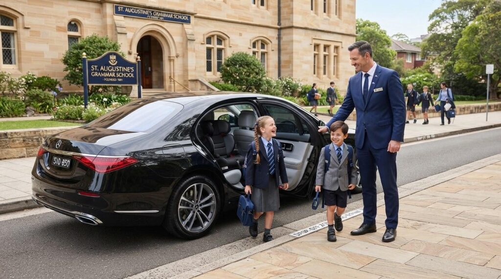 Two children in school uniform stepping out of a black sedan at school, the chauffeur holding the door
