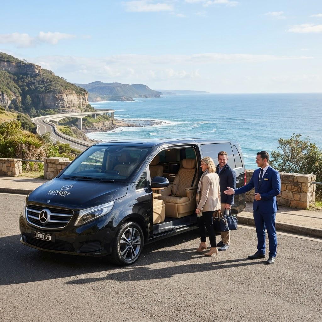 Chauffeur welcoming a couple to a black van at a coastal lookout, the sea and a cliffside bridge behind