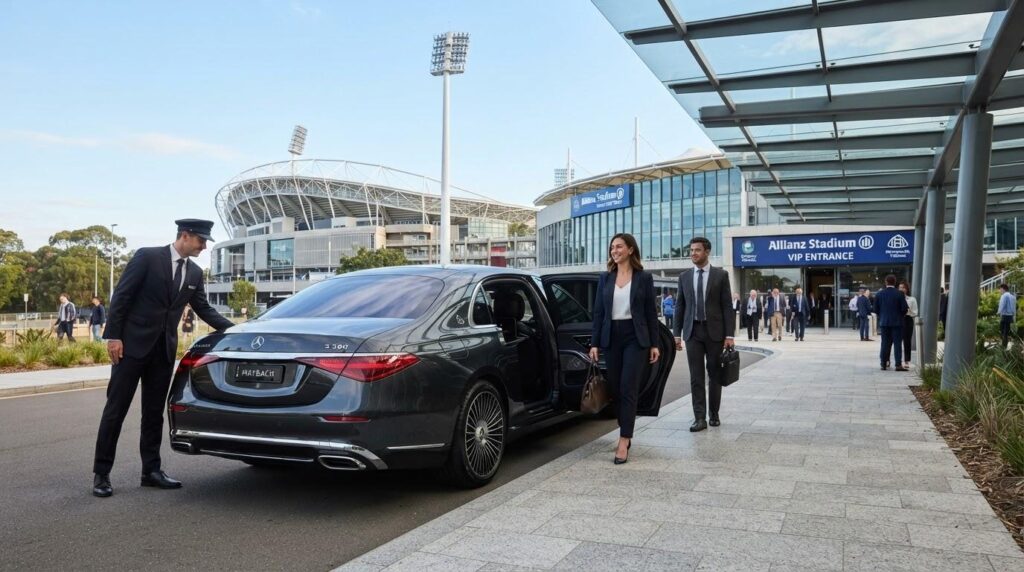 Chauffeur holding the door of a dark sedan as a couple walks out of a stadium VIP entrance