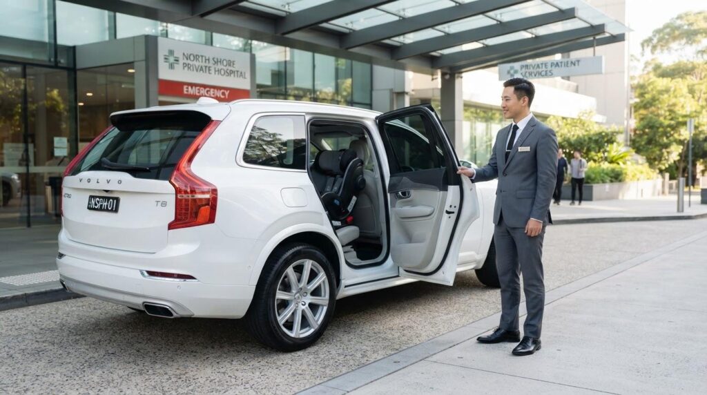 Chauffeur holding open the rear door of a white SUV with a child seat fitted, outside a private hospital