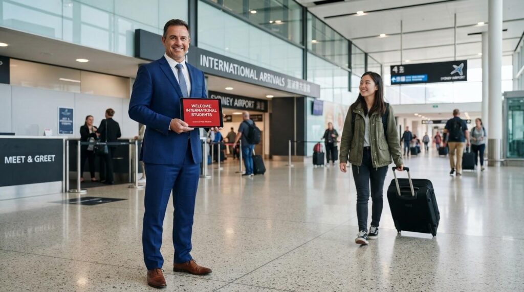 Chauffeur holding a "Welcome International Students" sign as a student with a suitcase walks up at international arrivals