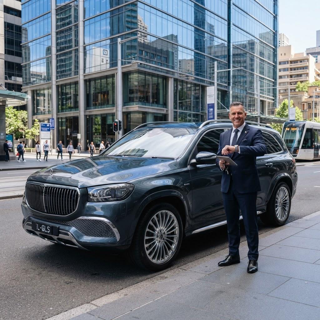 Chauffeur on standby beside a dark grey SUV on a city street, checking his watch