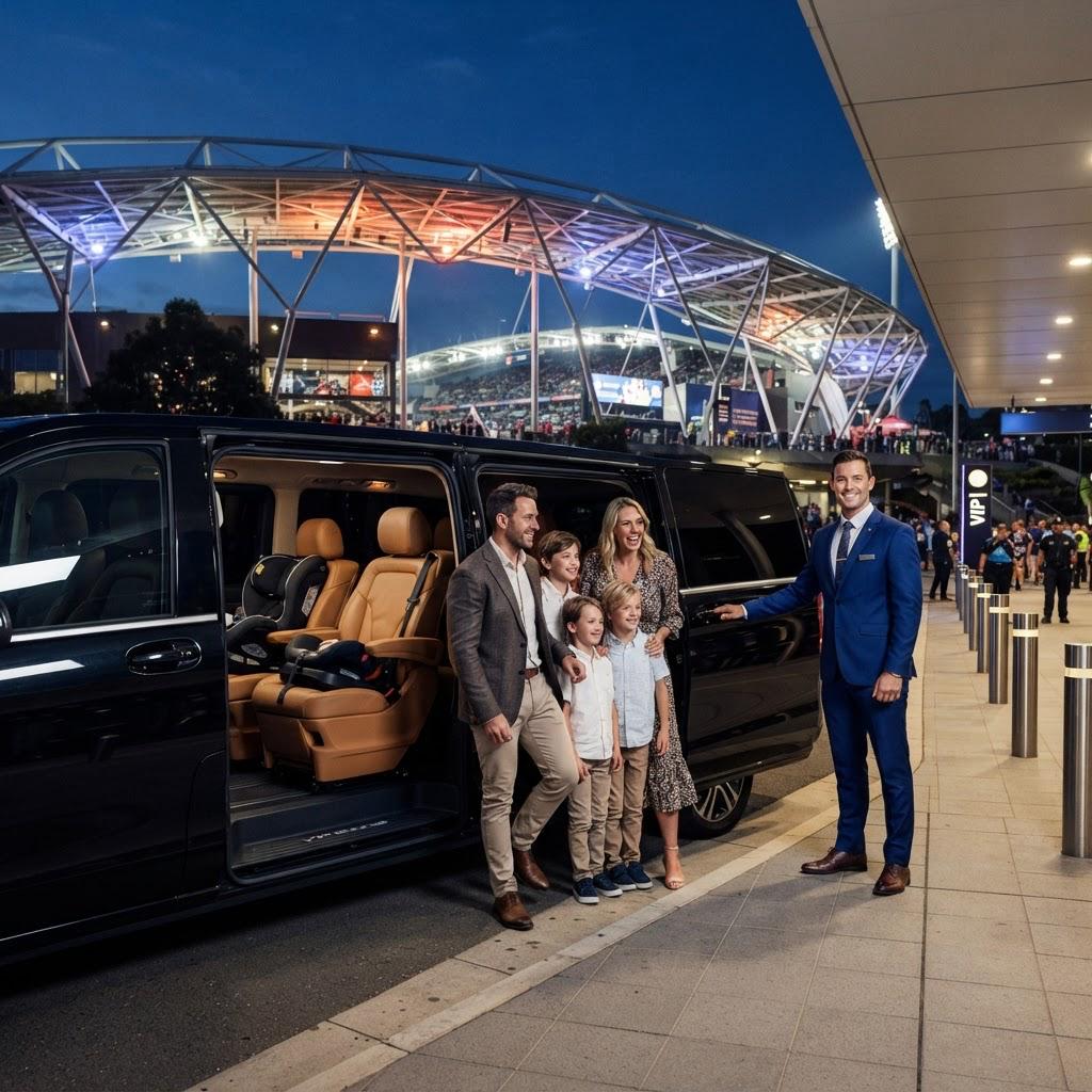 Family with three children beside a black van with child seats, outside a stadium at night