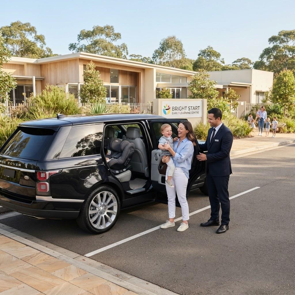 Smiling mother lifting her toddler out of a black SUV, the chauffeur holding the door