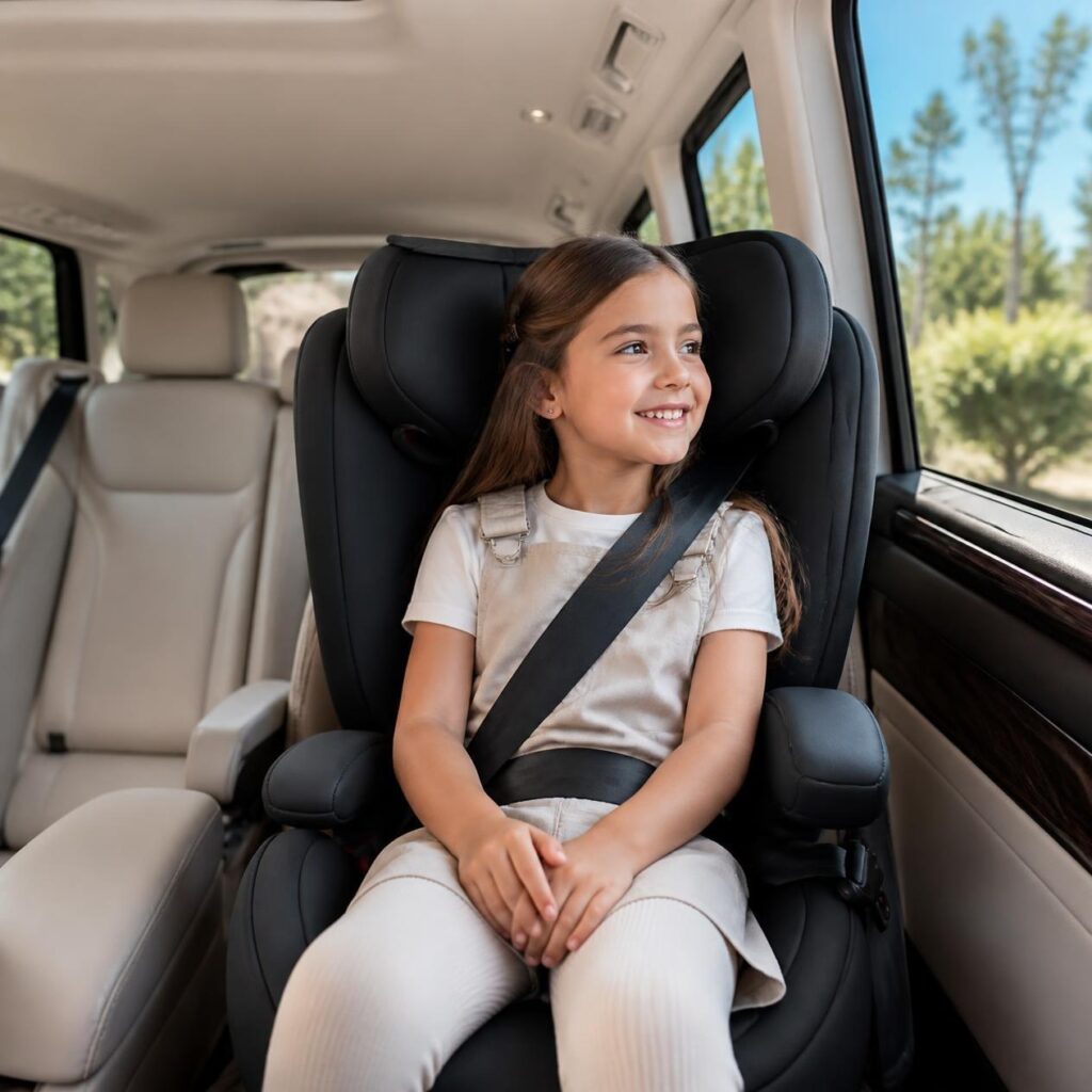 Smiling girl in a high-back booster seat, seatbelt on, looking out of the car window