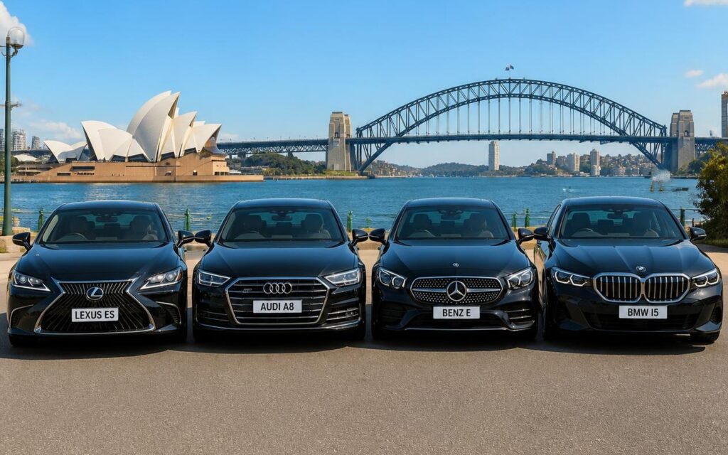 Our executive sedans by Sydney Harbour: Lexus ES, Audi A8, Mercedes E-Class and BMW 5 Series