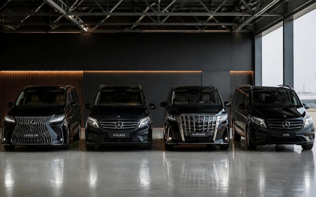 Our luxury VIP vans: Lexus LM, Mercedes V-Class, Toyota Alphard and Mercedes Vito